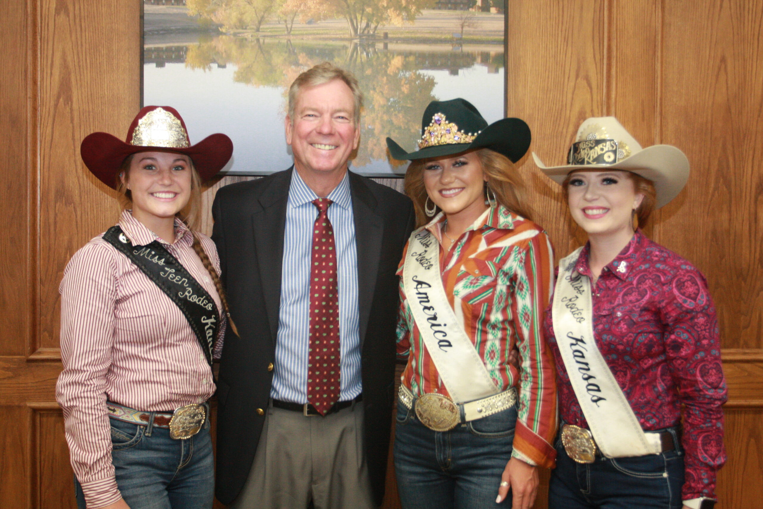DC3 President, Harold Nolte poses with Miss Rodeo America, Jordan Tierney; Miss Rodeo Kansas, Tiffany McCaffrey; and Miss Teen Rodeo Kansas, Katie Welsh