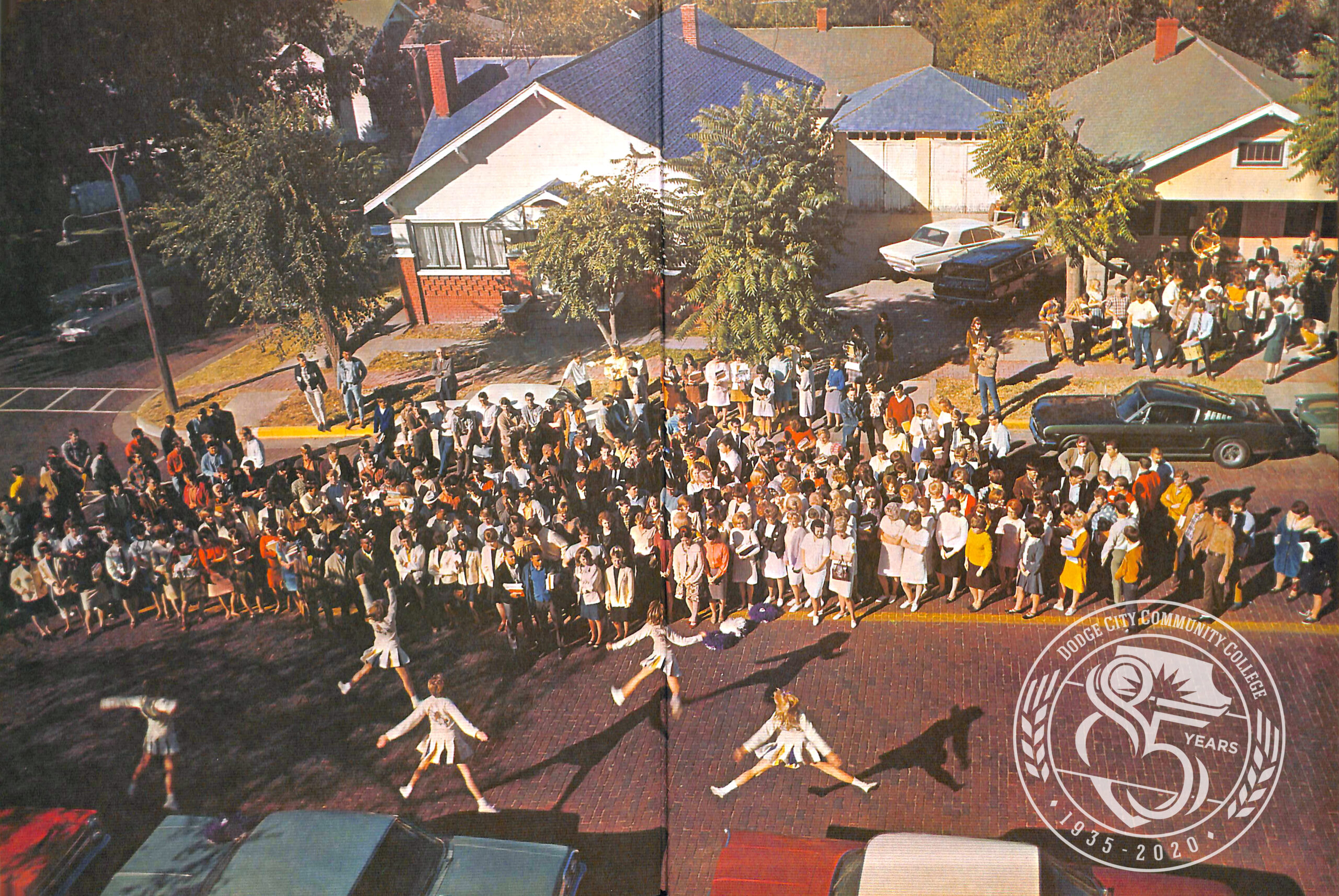 Photo of a pep rally held in front of the 1000 N. Second location.